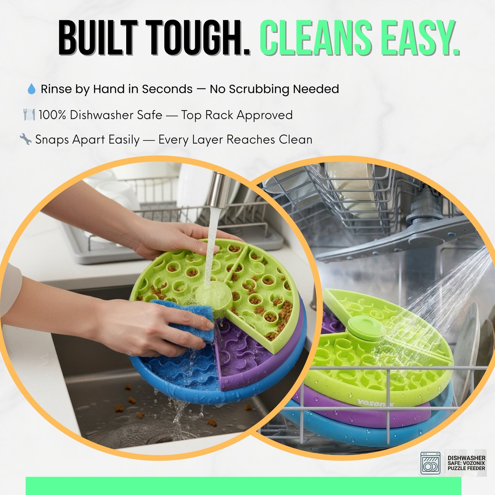 Vozonix slow feeder dog bowl being rinsed — dishwasher safe, snaps apart