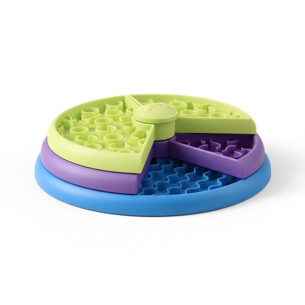 Vozonix 3-in-1 Slow Feeder Dog Bowl — green, purple and blue spinning puzzle design